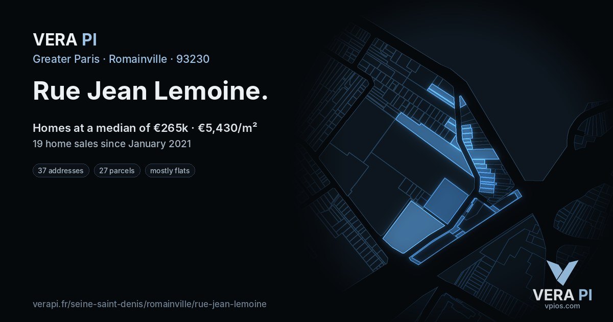 Rue Jean Lemoine, Romainville at night – every parcel coloured by the prices around it, the street's own parcels lit
