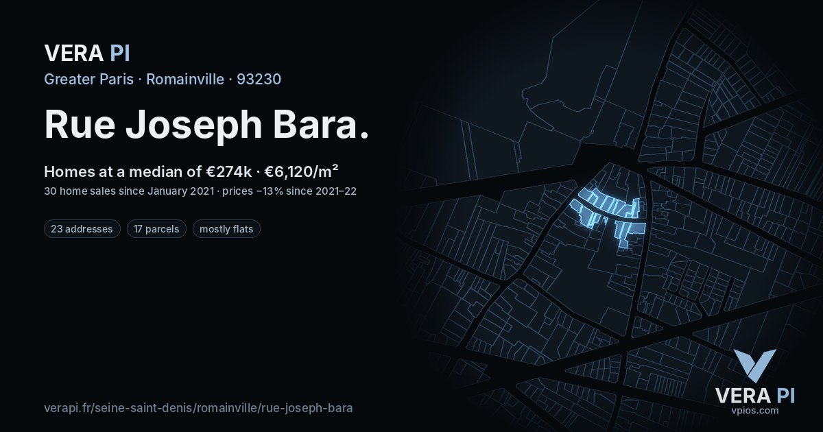 Rue Joseph Bara, Romainville at night – every parcel coloured by the prices around it, the street's own parcels lit
