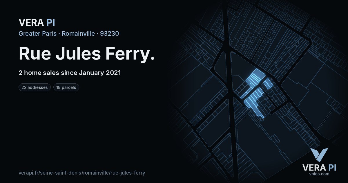 Rue Jules Ferry, Romainville at night – every parcel coloured by the prices around it, the street's own parcels lit