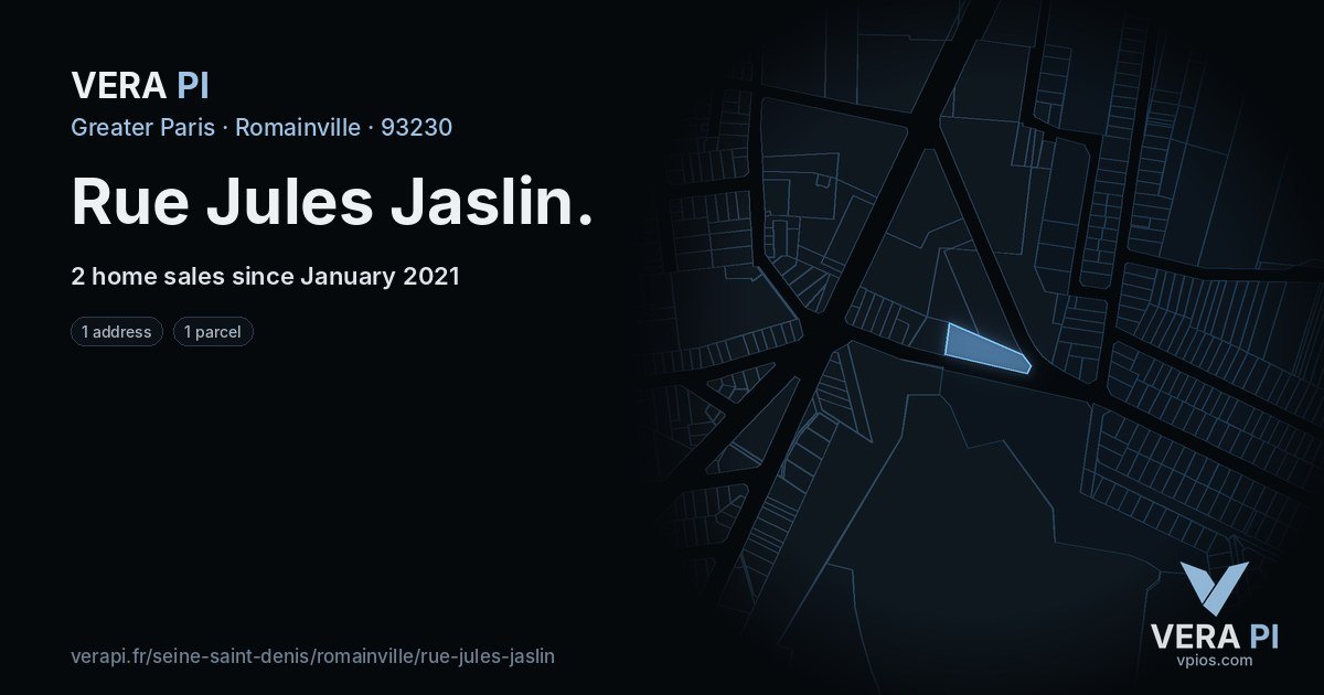 Rue Jules Jaslin, Romainville at night – every parcel coloured by the prices around it, the street's own parcels lit