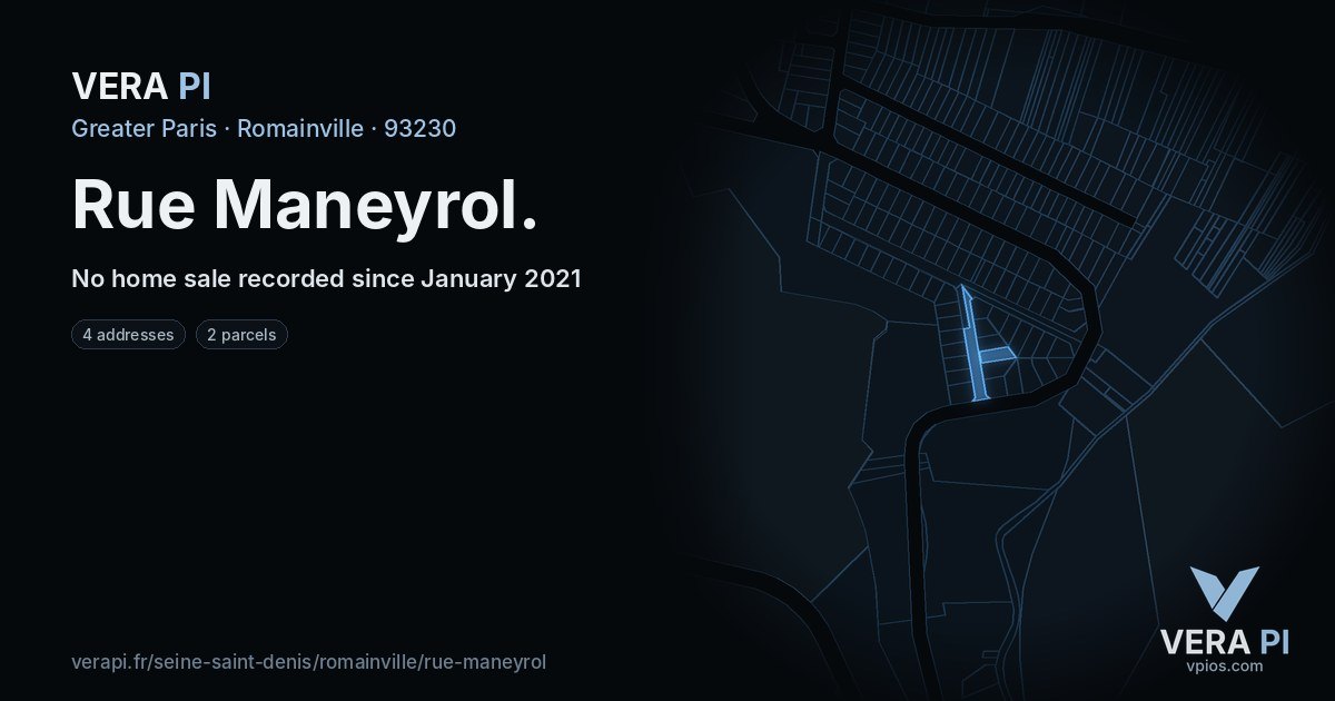 Rue Maneyrol, Romainville at night – every parcel coloured by the prices around it, the street's own parcels lit