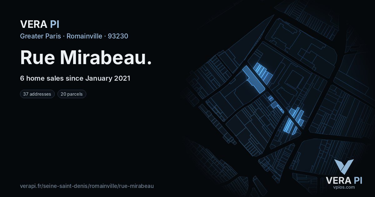 Rue Mirabeau, Romainville at night – every parcel coloured by the prices around it, the street's own parcels lit