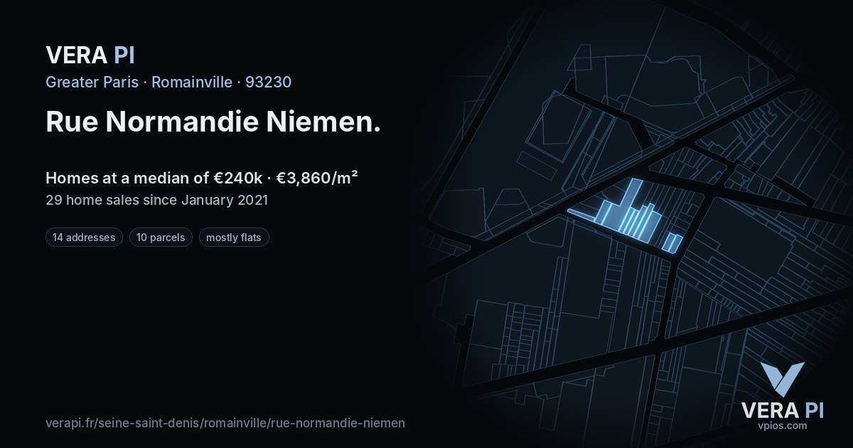 Rue Normandie Niemen, Romainville at night – every parcel coloured by the prices around it, the street's own parcels lit