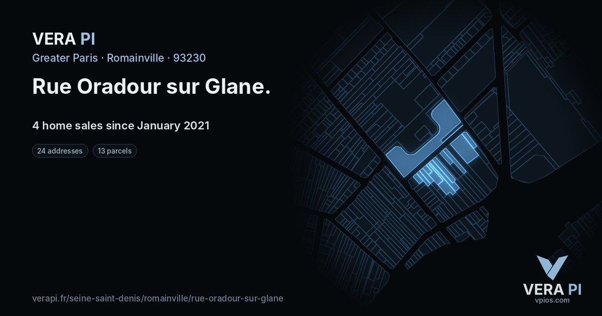 Rue Oradour sur Glane, Romainville at night – every parcel coloured by the prices around it, the street's own parcels lit