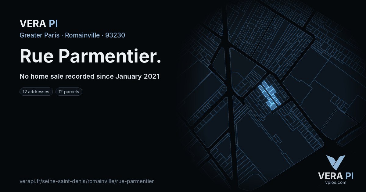 Rue Parmentier, Romainville at night – every parcel coloured by the prices around it, the street's own parcels lit