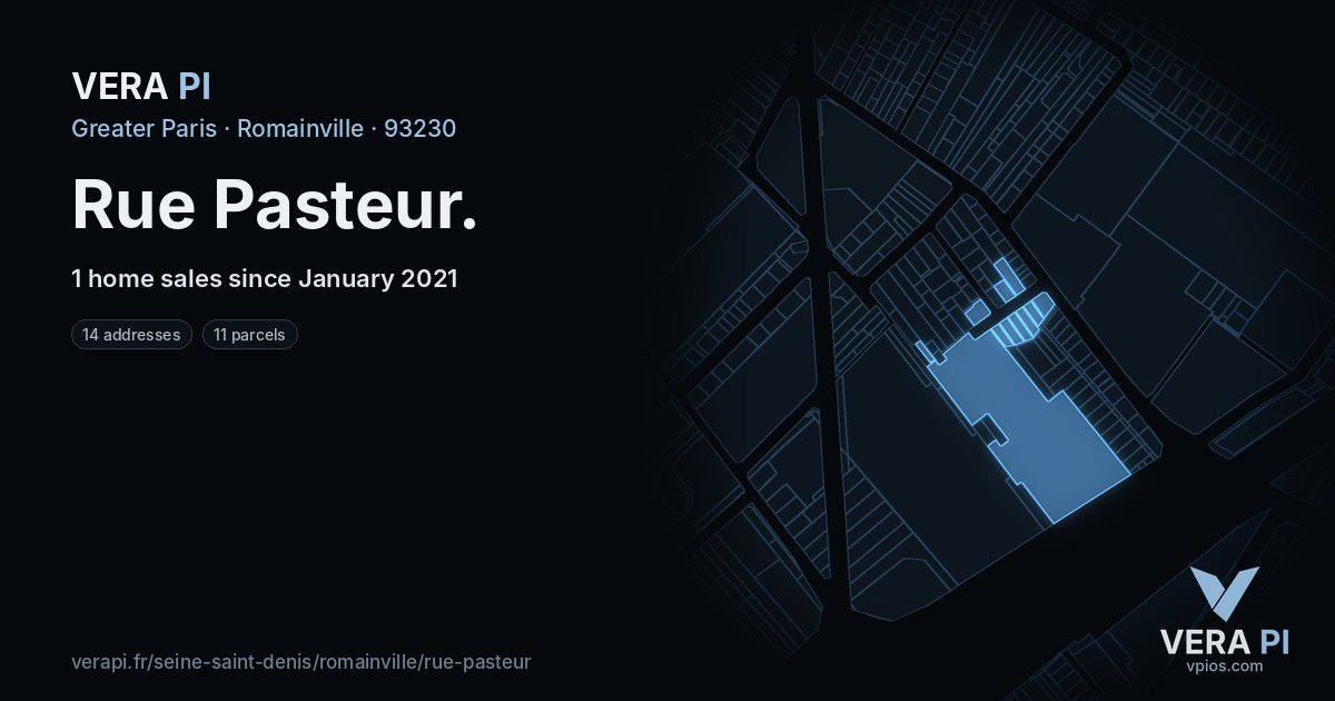Rue Pasteur, Romainville at night – every parcel coloured by the prices around it, the street's own parcels lit