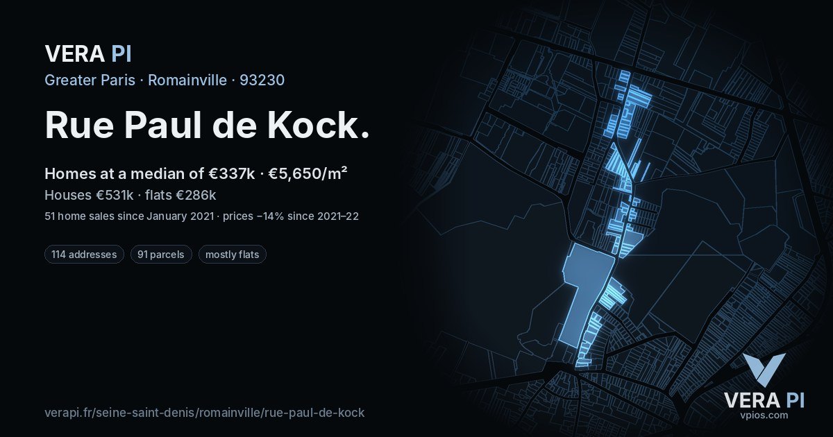Rue Paul de Kock, Romainville at night – every parcel coloured by the prices around it, the street's own parcels lit