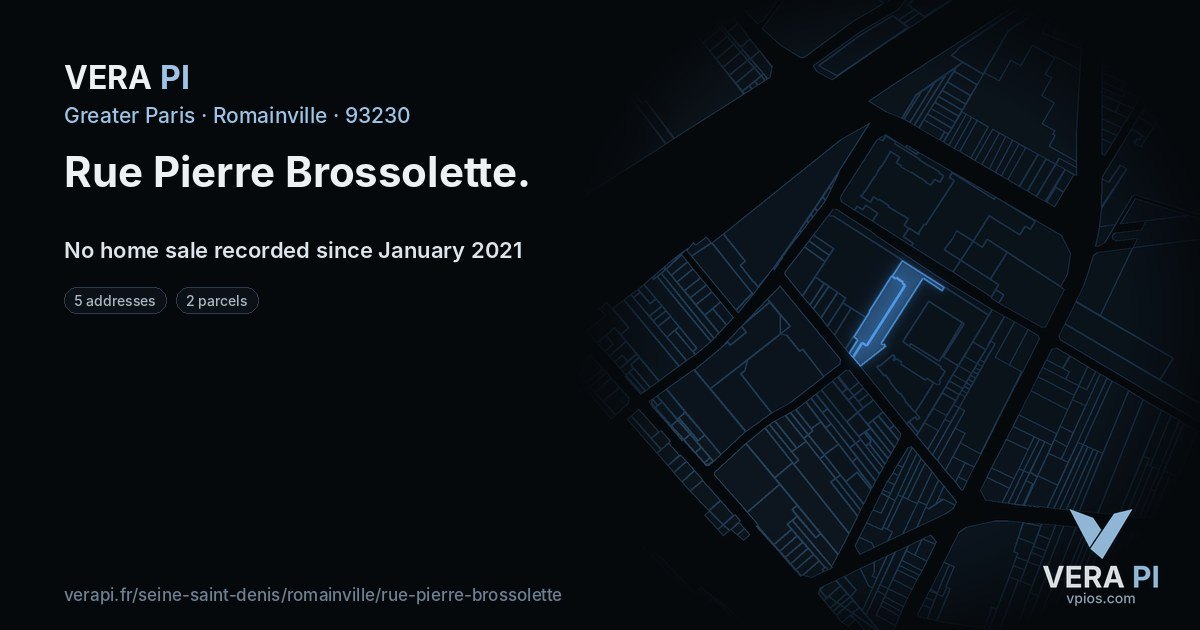 Rue Pierre Brossolette, Romainville at night – every parcel coloured by the prices around it, the street's own parcels lit