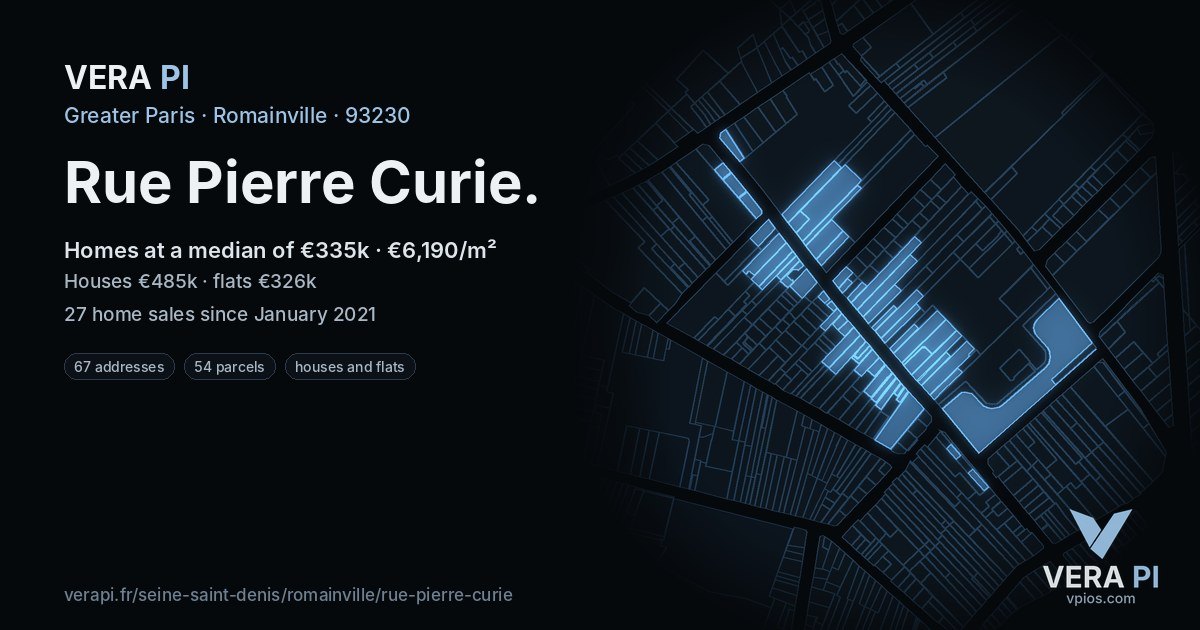 Rue Pierre Curie, Romainville at night – every parcel coloured by the prices around it, the street's own parcels lit