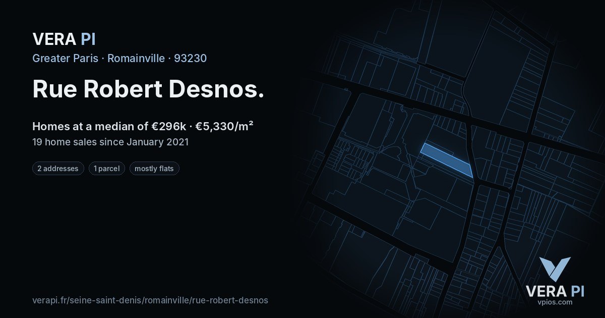 Rue Robert Desnos, Romainville at night – every parcel coloured by the prices around it, the street's own parcels lit