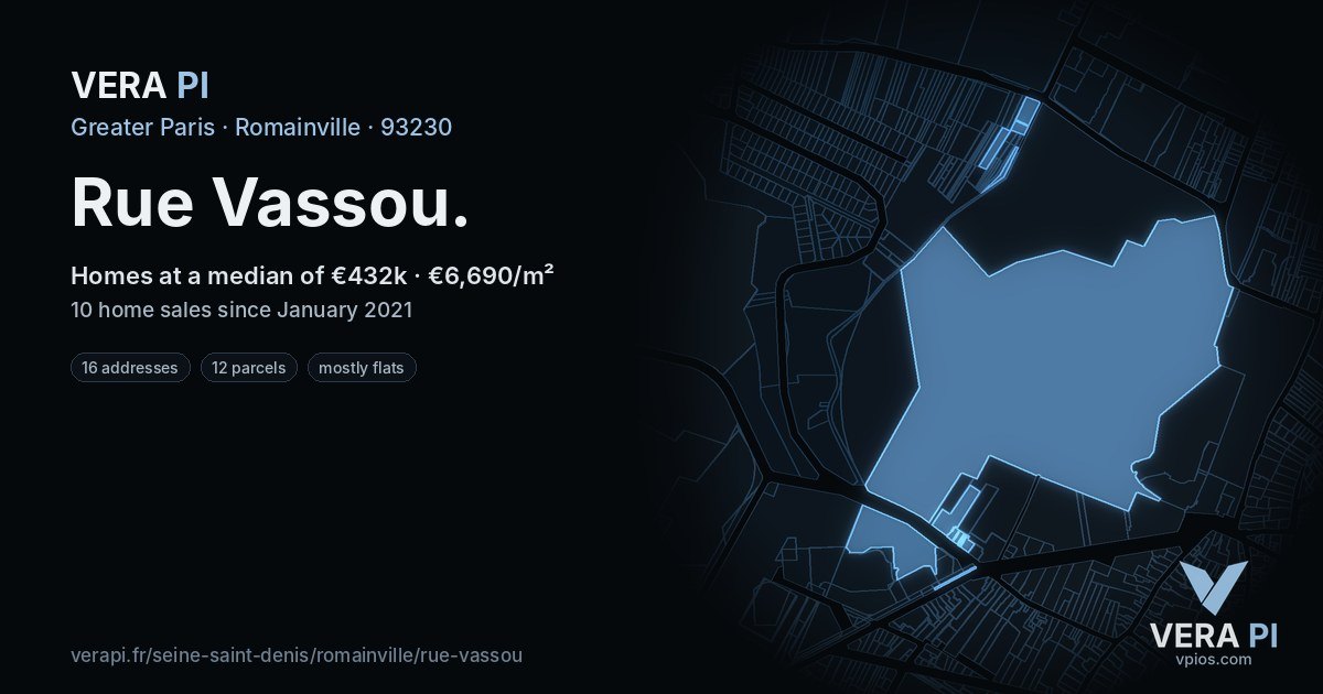 Rue Vassou, Romainville at night – every parcel coloured by the prices around it, the street's own parcels lit