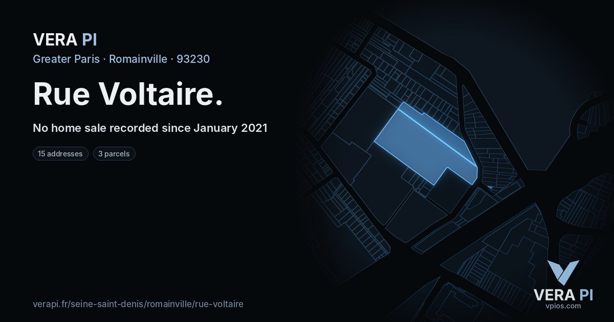 Rue Voltaire, Romainville at night – every parcel coloured by the prices around it, the street's own parcels lit