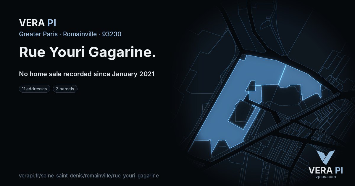 Rue Youri Gagarine, Romainville at night – every parcel coloured by the prices around it, the street's own parcels lit