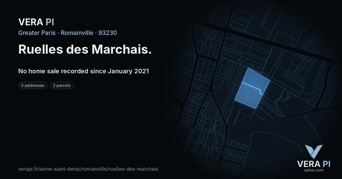 Ruelles des Marchais, Romainville at night – every parcel coloured by the prices around it, the street's own parcels lit