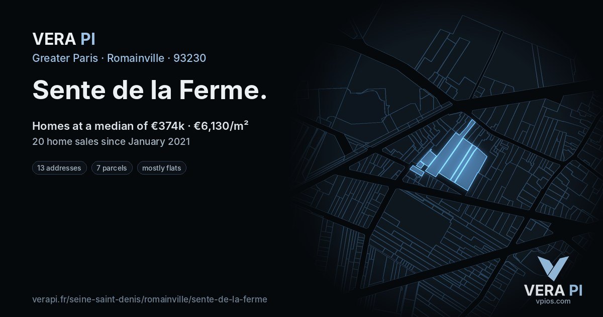 Sente de la Ferme, Romainville at night – every parcel coloured by the prices around it, the street's own parcels lit