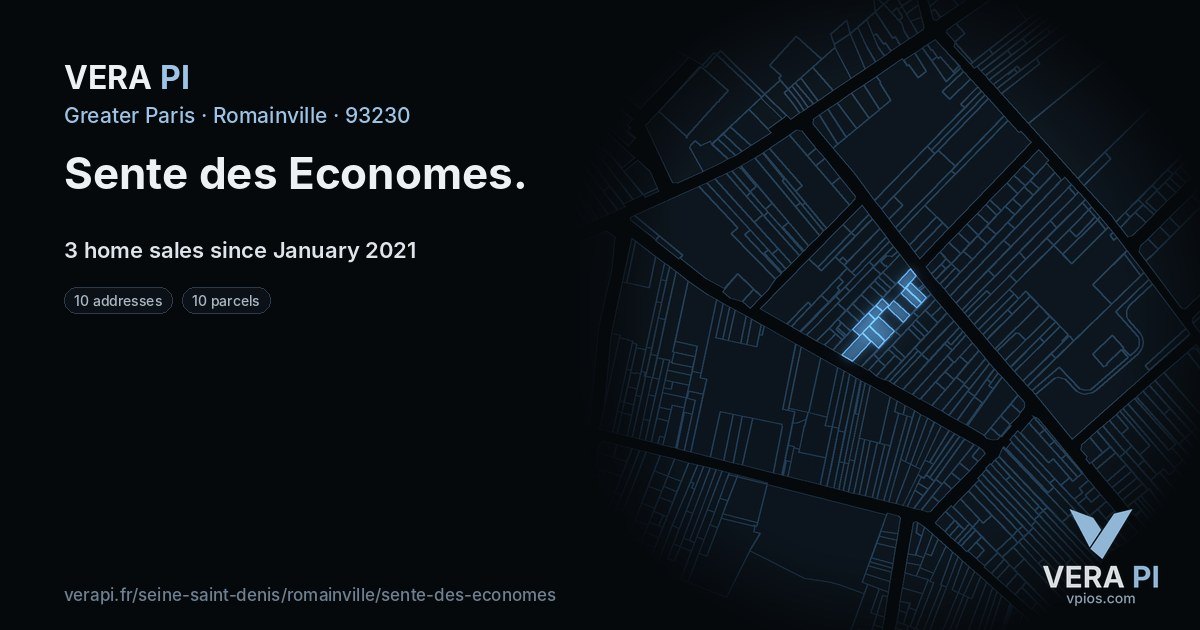 Sente des Economes, Romainville at night – every parcel coloured by the prices around it, the street's own parcels lit