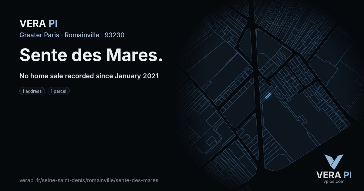 Sente des Mares, Romainville at night – every parcel coloured by the prices around it, the street's own parcels lit