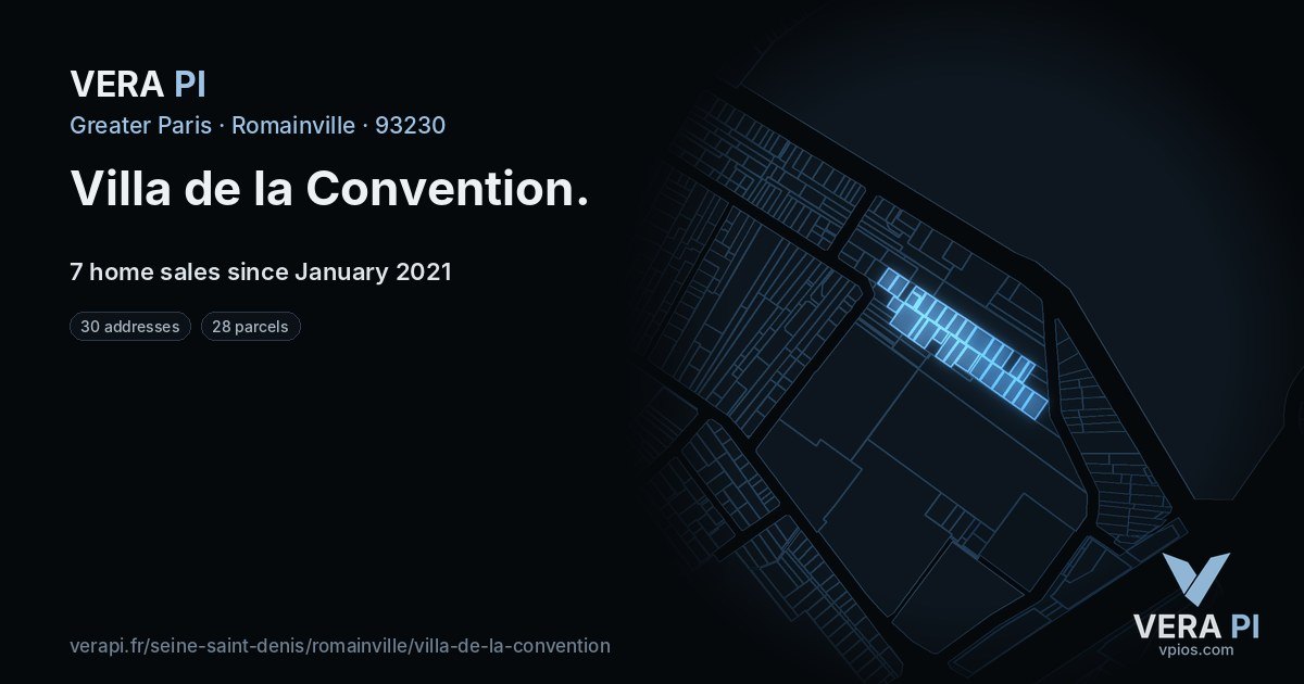 Villa de la Convention, Romainville at night – every parcel coloured by the prices around it, the street's own parcels lit