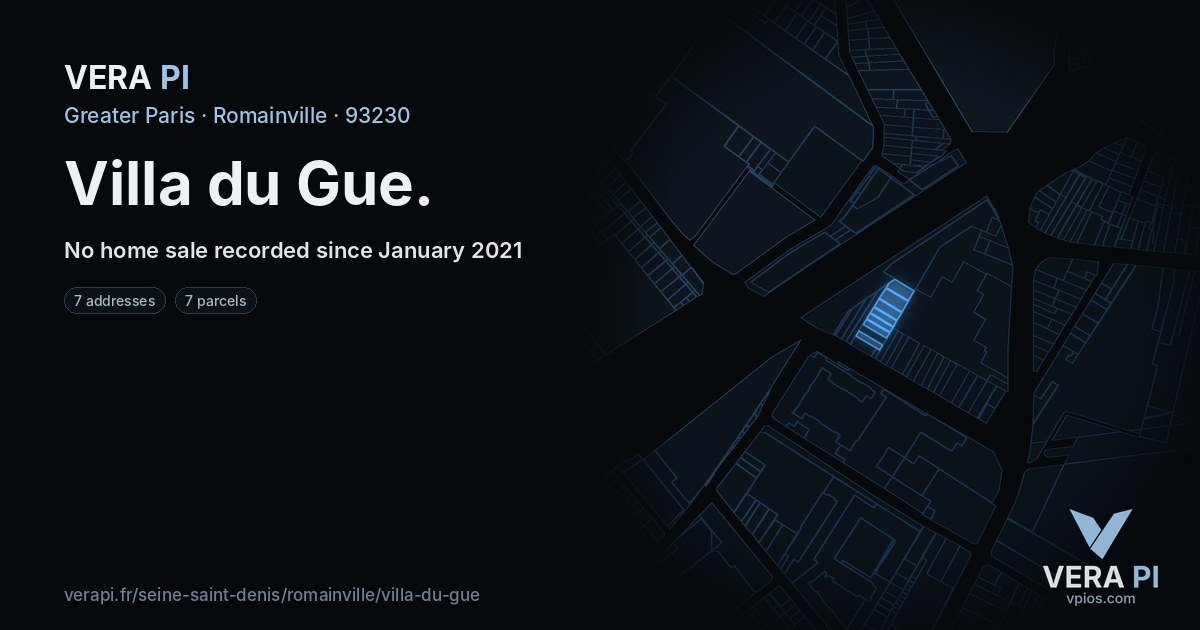Villa du Gue, Romainville at night – every parcel coloured by the prices around it, the street's own parcels lit