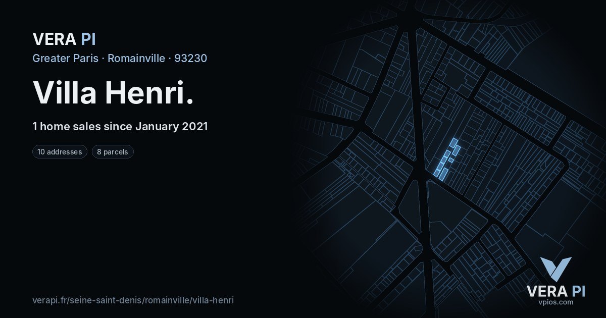 Villa Henri, Romainville at night – every parcel coloured by the prices around it, the street's own parcels lit