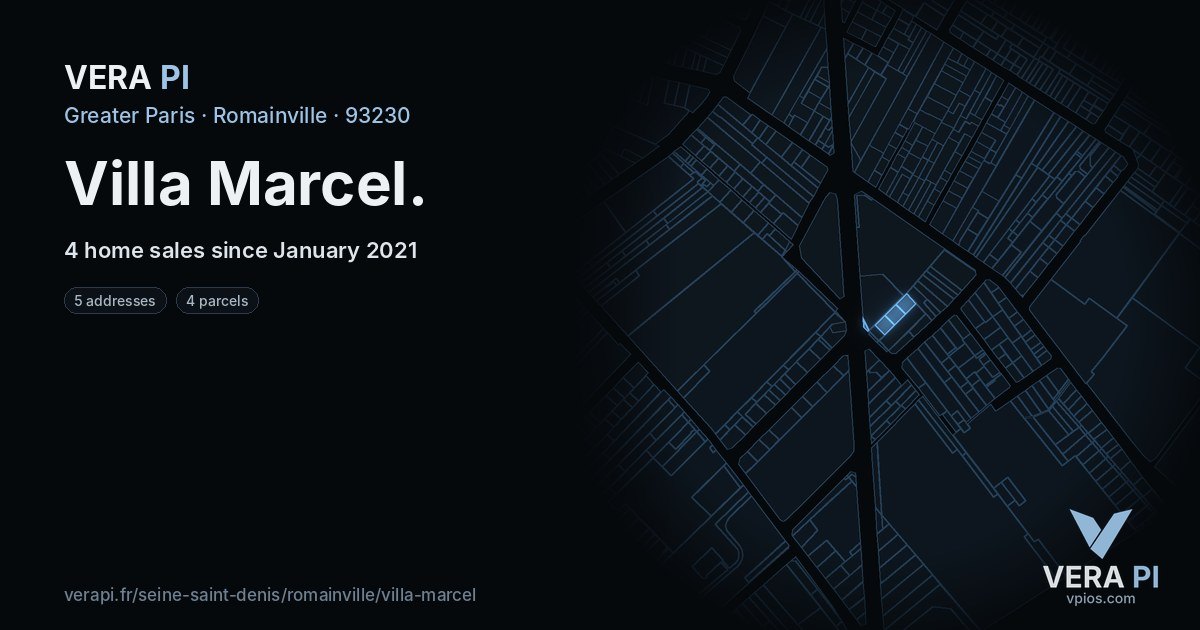 Villa Marcel, Romainville at night – every parcel coloured by the prices around it, the street's own parcels lit