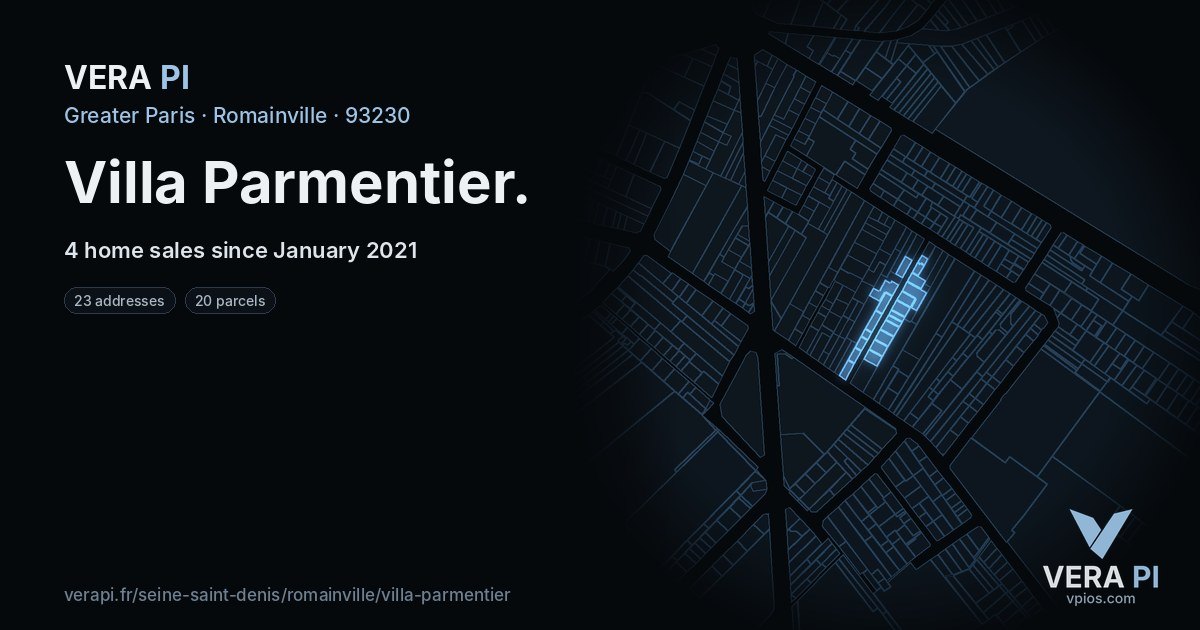 Villa Parmentier, Romainville at night – every parcel coloured by the prices around it, the street's own parcels lit