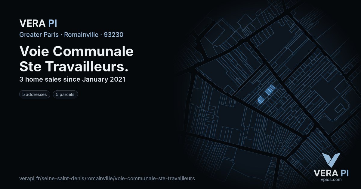 Voie Communale Ste Travailleurs, Romainville at night – every parcel coloured by the prices around it, the street's own parcels lit
