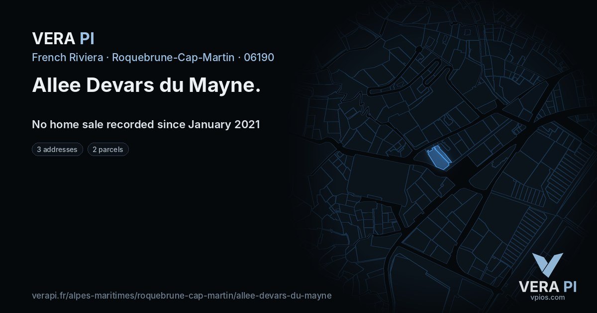 Allee Devars du Mayne, Roquebrune-Cap-Martin at night – every parcel coloured by the prices around it, the street's own parcels lit