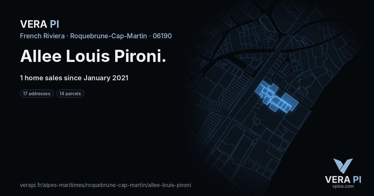 Allee Louis Pironi, Roquebrune-Cap-Martin at night – every parcel coloured by the prices around it, the street's own parcels lit