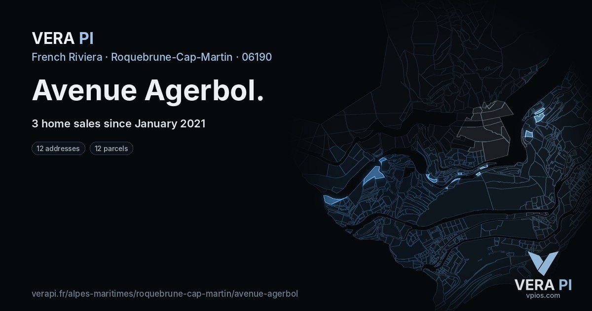 Avenue Agerbol, Roquebrune-Cap-Martin at night – every parcel coloured by the prices around it, the street's own parcels lit