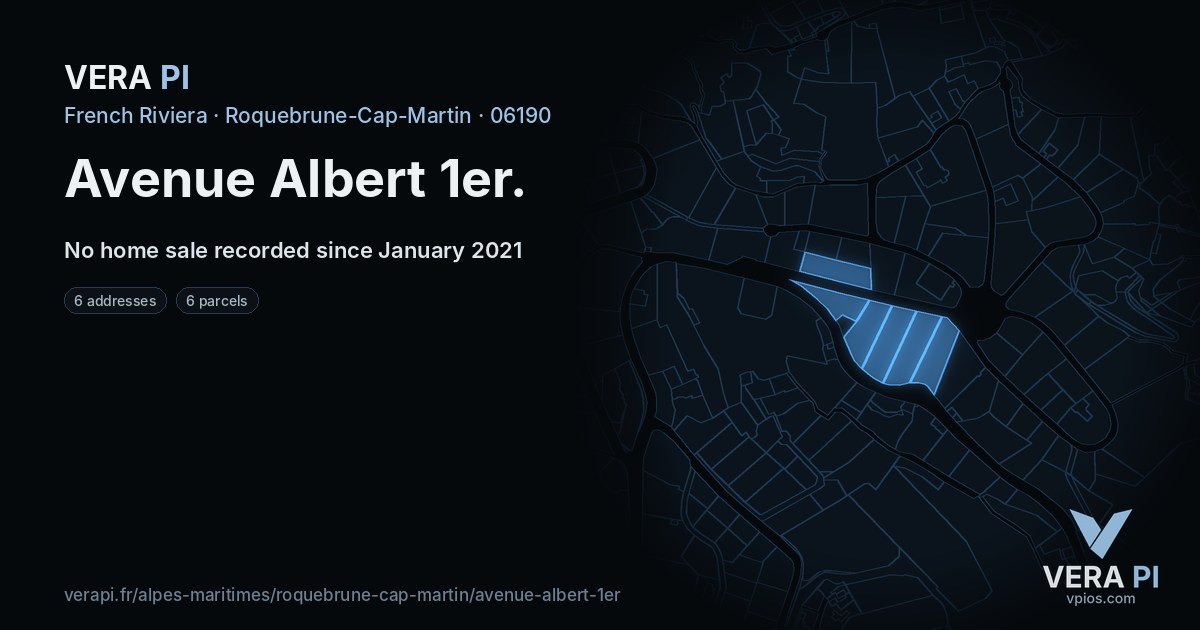 Avenue Albert 1er, Roquebrune-Cap-Martin at night – every parcel coloured by the prices around it, the street's own parcels lit