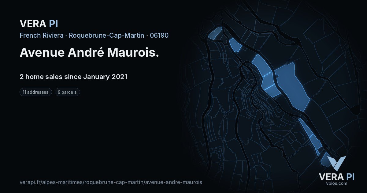 Avenue André Maurois, Roquebrune-Cap-Martin at night – every parcel coloured by the prices around it, the street's own parcels lit