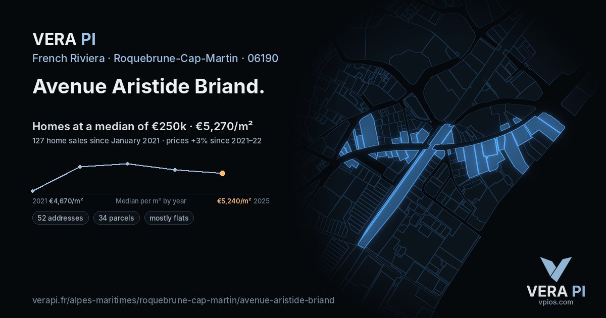 Avenue Aristide Briand, Roquebrune-Cap-Martin at night – every parcel coloured by the prices around it, the street's own parcels lit