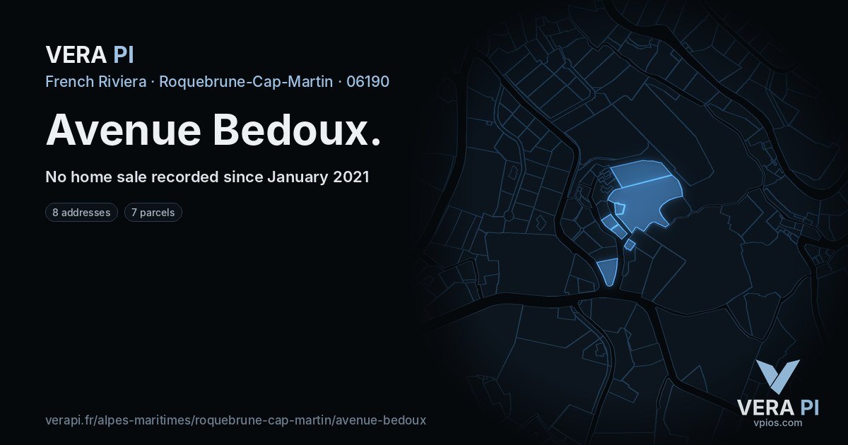 Avenue Bedoux, Roquebrune-Cap-Martin at night – every parcel coloured by the prices around it, the street's own parcels lit