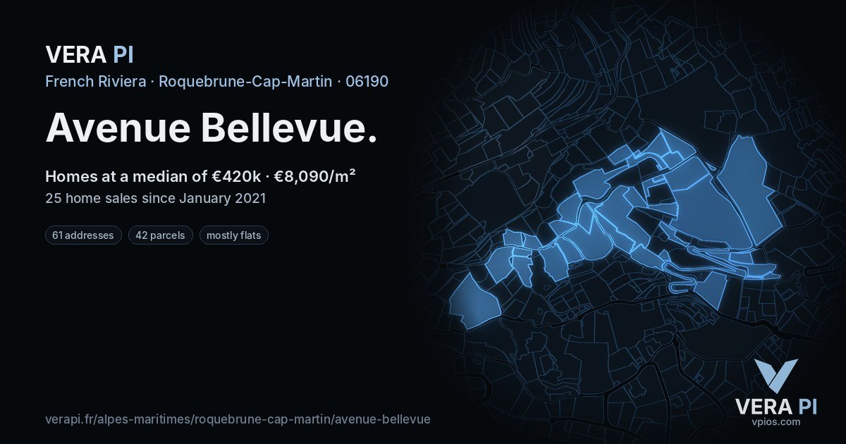 Avenue Bellevue, Roquebrune-Cap-Martin at night – every parcel coloured by the prices around it, the street's own parcels lit