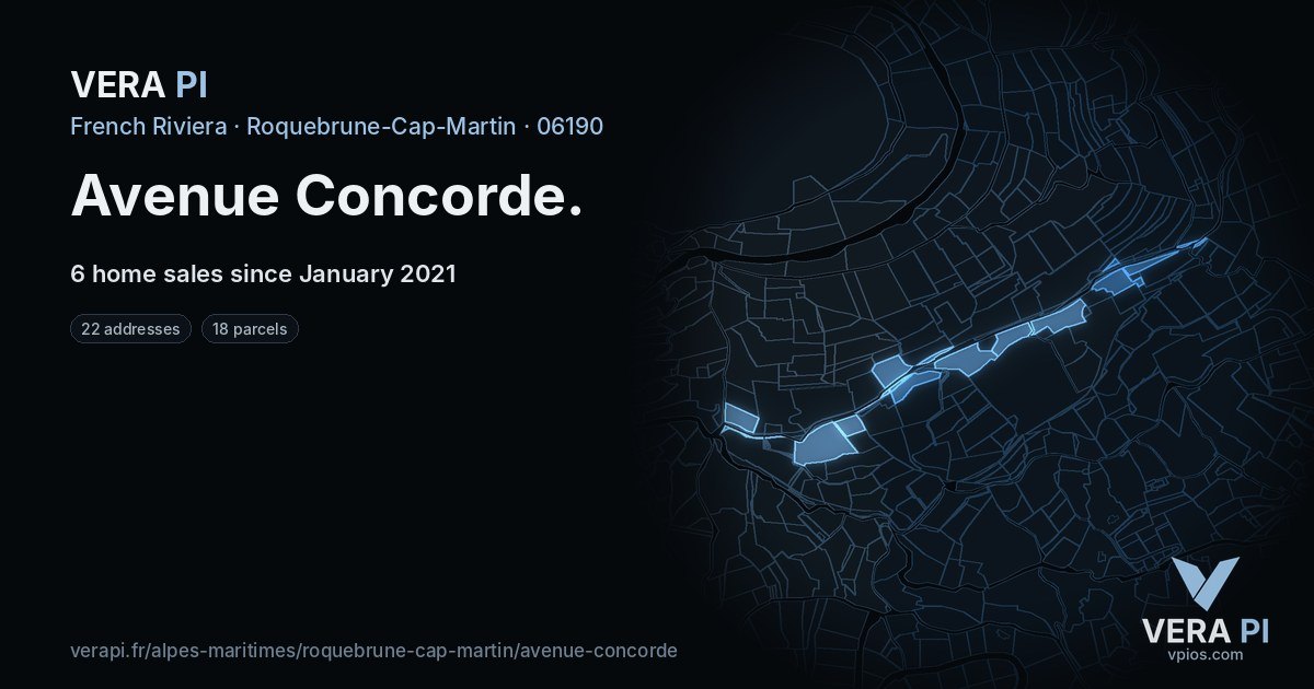 Avenue Concorde, Roquebrune-Cap-Martin at night – every parcel coloured by the prices around it, the street's own parcels lit