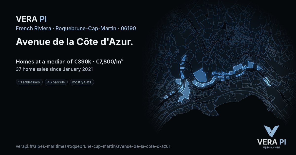 Avenue de la Côte d'Azur, Roquebrune-Cap-Martin at night – every parcel coloured by the prices around it, the street's own parcels lit