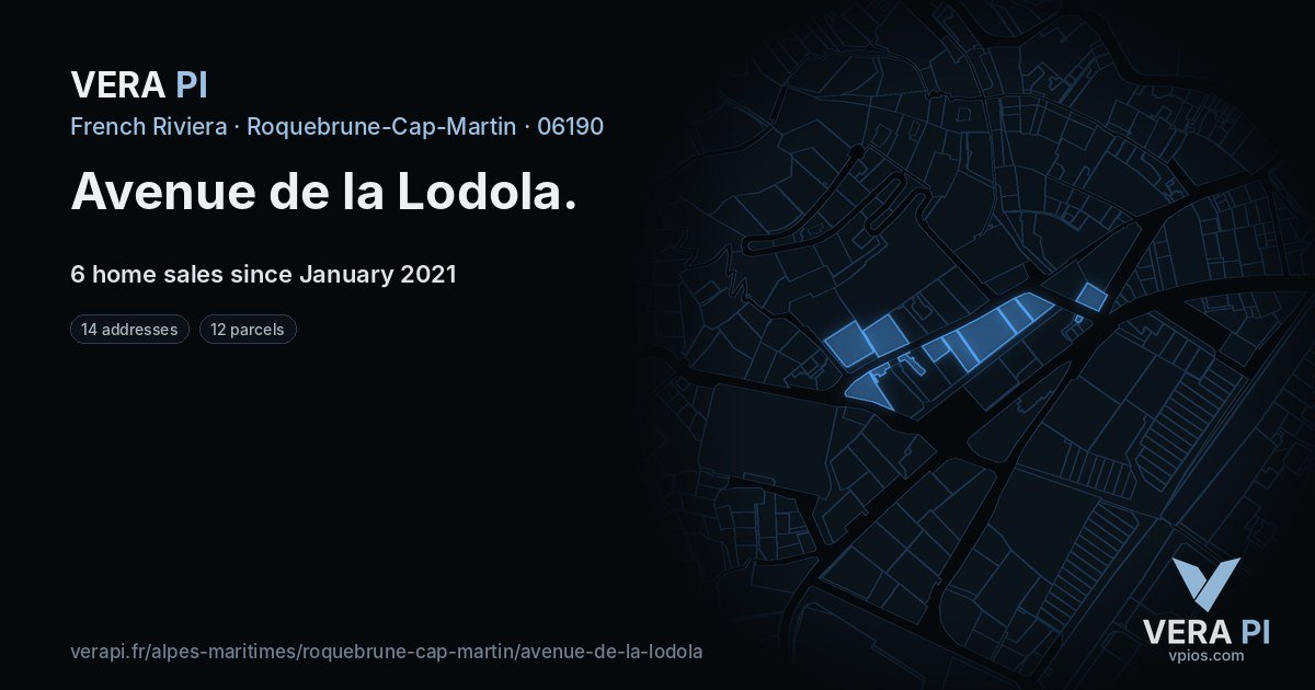 Avenue de la Lodola, Roquebrune-Cap-Martin at night – every parcel coloured by the prices around it, the street's own parcels lit