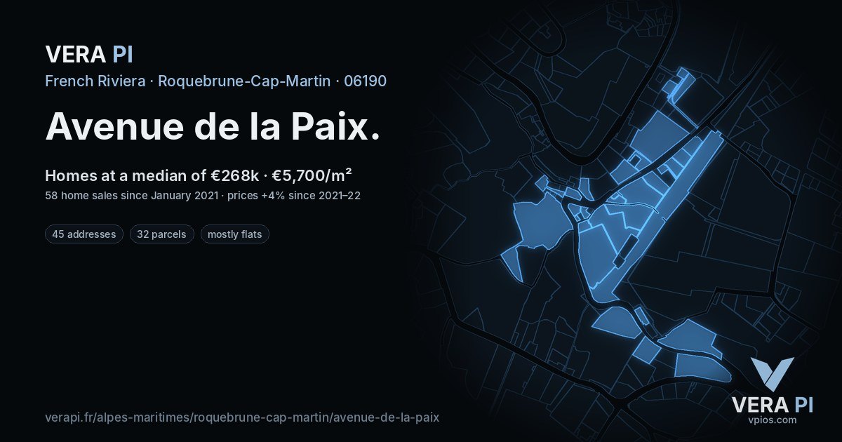 Avenue de la Paix, Roquebrune-Cap-Martin at night – every parcel coloured by the prices around it, the street's own parcels lit