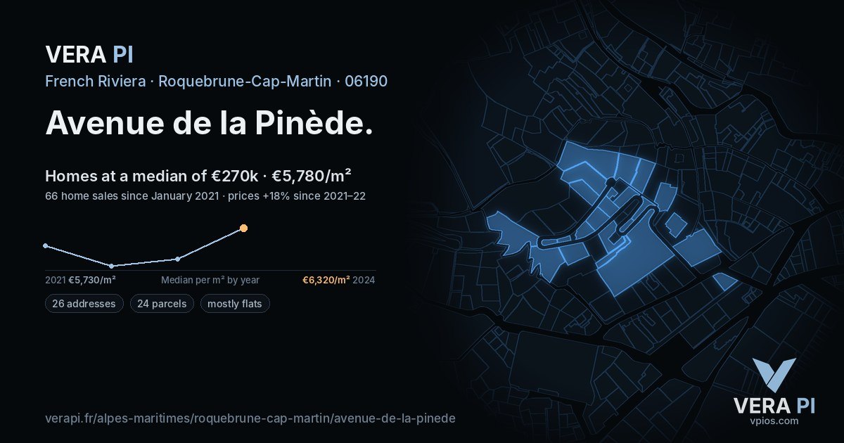 Avenue de la Pinède, Roquebrune-Cap-Martin at night – every parcel coloured by the prices around it, the street's own parcels lit