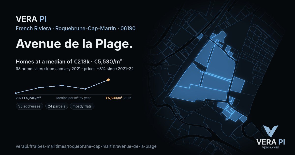 Avenue de la Plage, Roquebrune-Cap-Martin at night – every parcel coloured by the prices around it, the street's own parcels lit