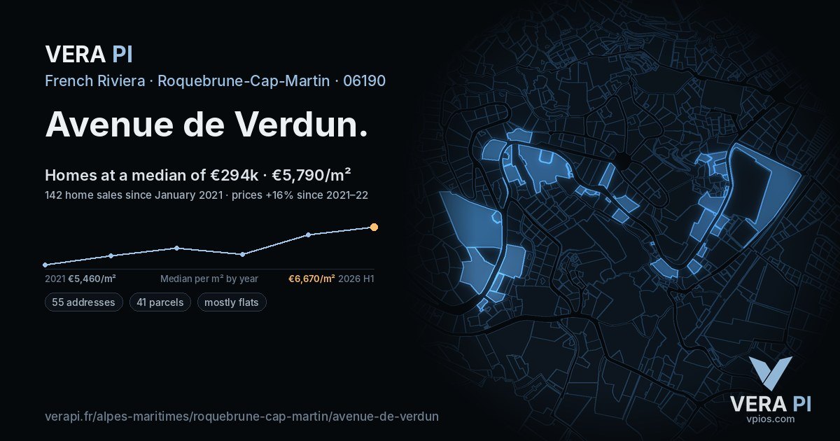 Avenue de Verdun, Roquebrune-Cap-Martin at night – every parcel coloured by the prices around it, the street's own parcels lit