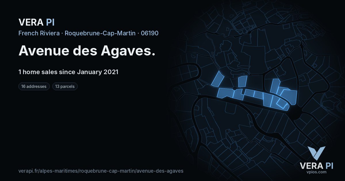 Avenue des Agaves, Roquebrune-Cap-Martin at night – every parcel coloured by the prices around it, the street's own parcels lit