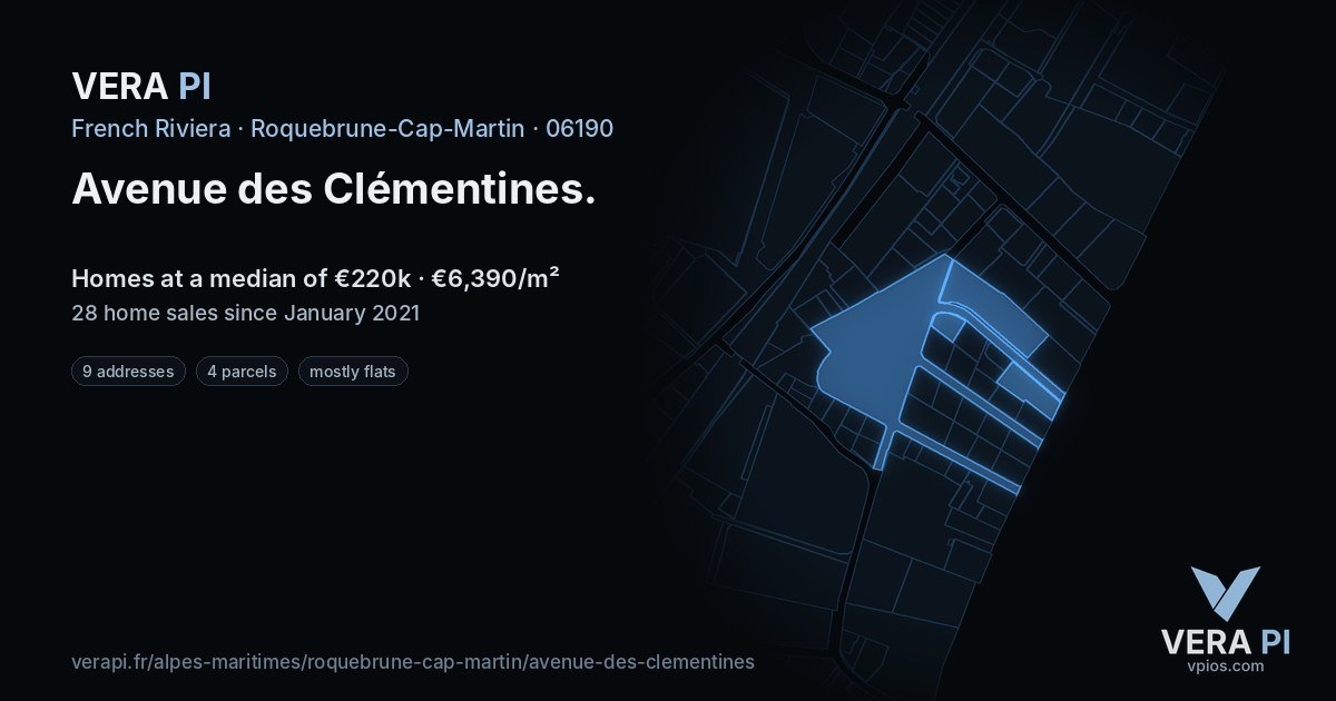 Avenue des Clémentines, Roquebrune-Cap-Martin at night – every parcel coloured by the prices around it, the street's own parcels lit