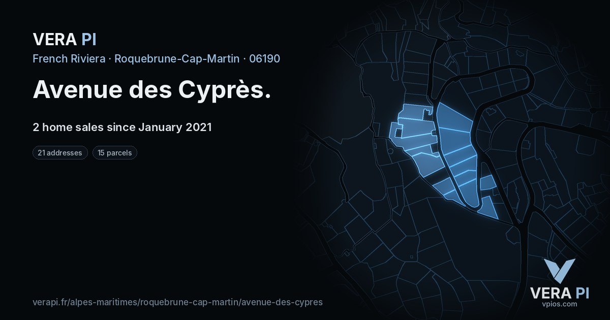 Avenue des Cyprès, Roquebrune-Cap-Martin at night – every parcel coloured by the prices around it, the street's own parcels lit