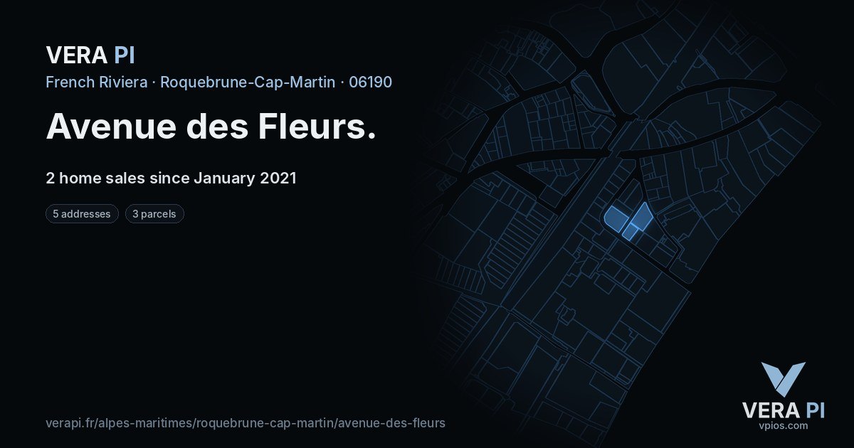 Avenue des Fleurs, Roquebrune-Cap-Martin at night – every parcel coloured by the prices around it, the street's own parcels lit