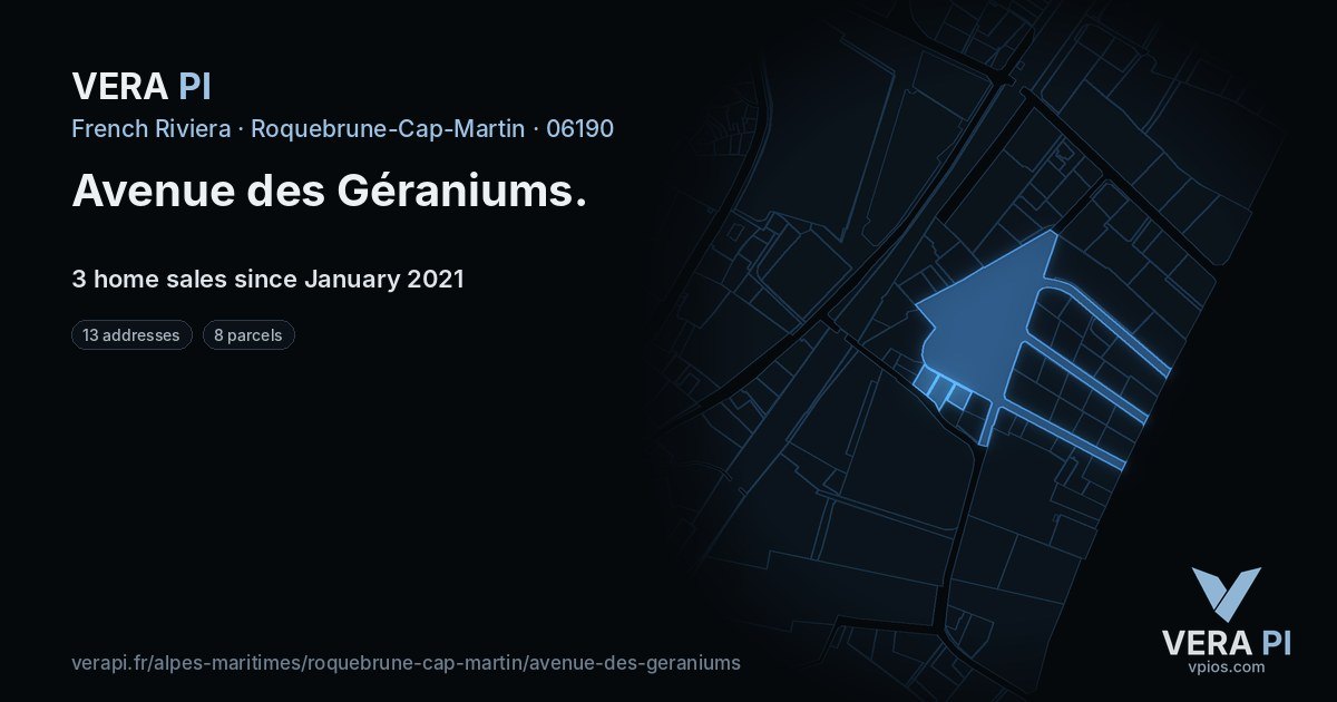 Avenue des Géraniums, Roquebrune-Cap-Martin at night – every parcel coloured by the prices around it, the street's own parcels lit