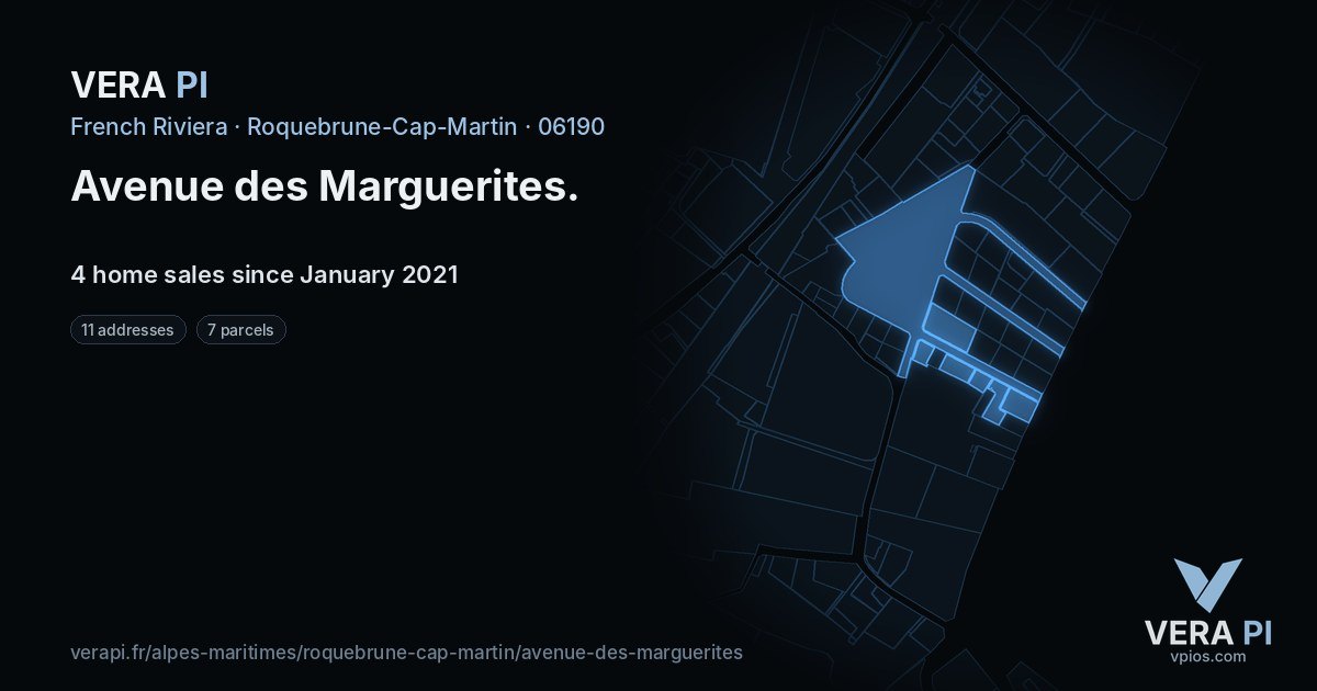 Avenue des Marguerites, Roquebrune-Cap-Martin at night – every parcel coloured by the prices around it, the street's own parcels lit