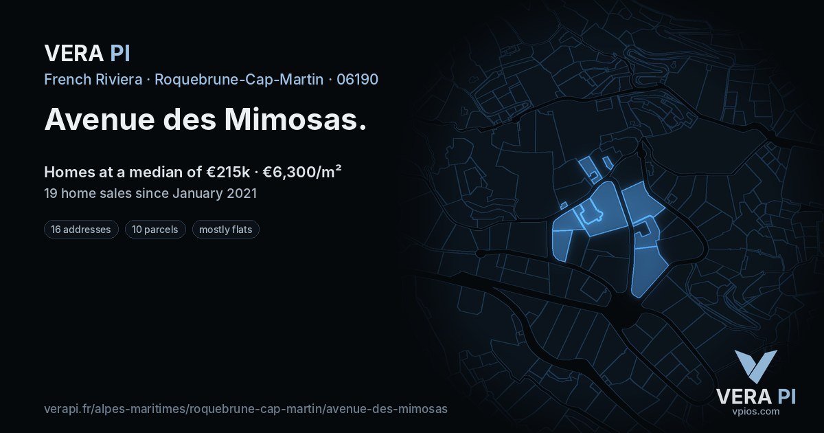 Avenue des Mimosas, Roquebrune-Cap-Martin at night – every parcel coloured by the prices around it, the street's own parcels lit