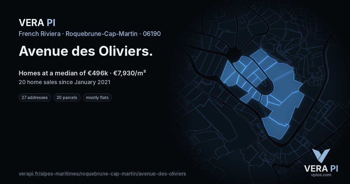 Avenue des Oliviers, Roquebrune-Cap-Martin at night – every parcel coloured by the prices around it, the street's own parcels lit